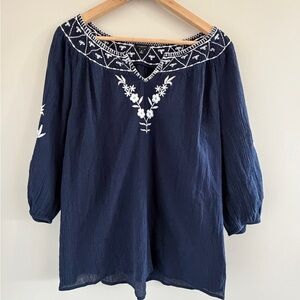 Talbots Women’s Medium Coastal Boho Peasant Top Cottagecore Embroidered Shirt